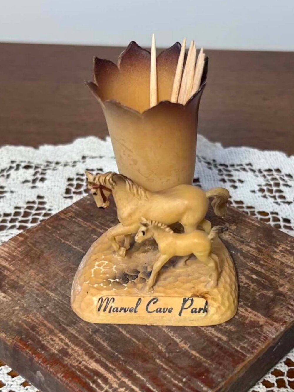 Vintage Marvel Cave Park Toothpick Holder - Horse & Foal Souvenir
